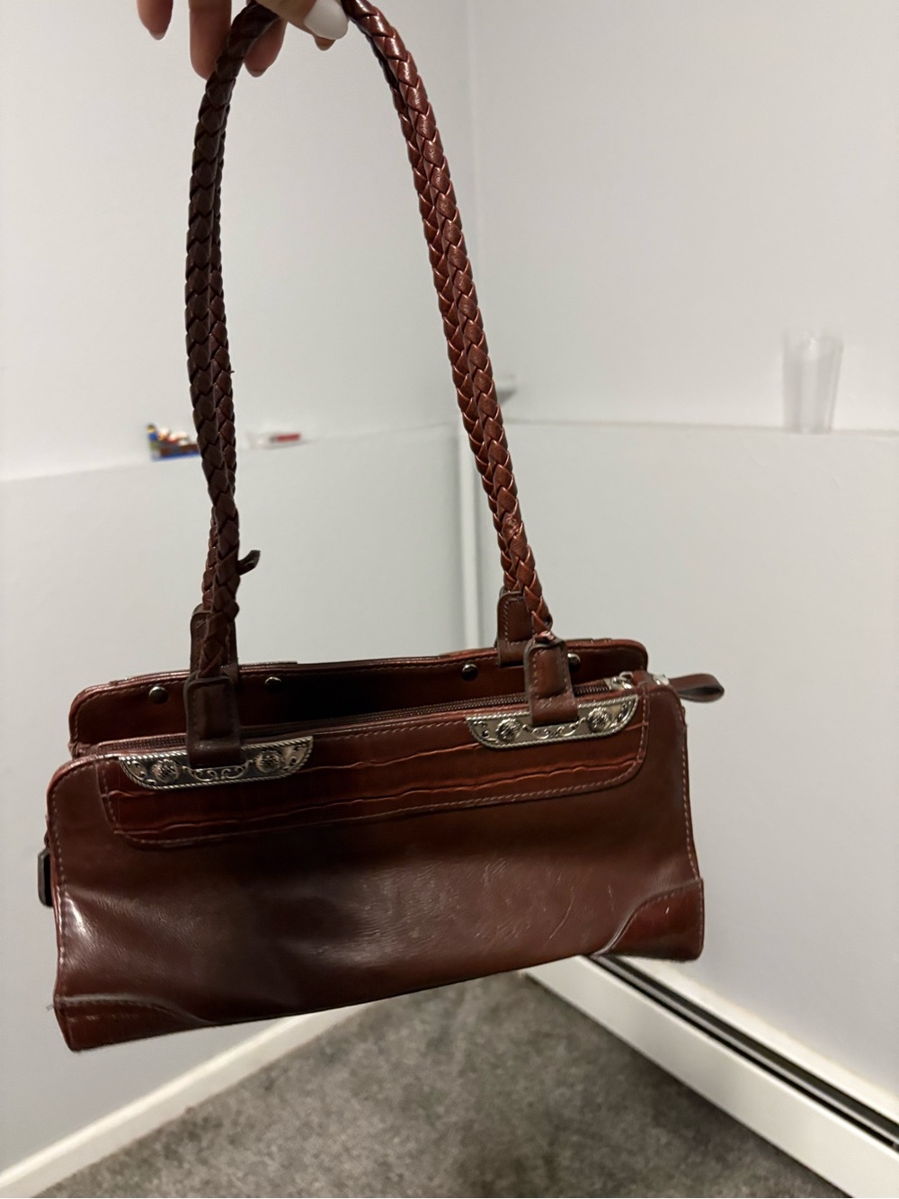 Brown Leather Shoulder Bag with Braided Handles